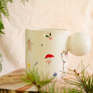 Christmas Elf, Lights, Santa Ceramic Mugs, Handmade Pottery Cups, Hot Chocolate, Coffee Mug, Illustration Coffee Mugs, Gift Idea image 3