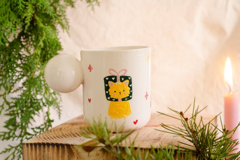Christmas Cats Ceramic Mugs, Cat Handmade Pottery Cups, Christmas Coffee Mug, Illustration Xmas Coffee Mugs, Cat Christmas Gift Idea image 4