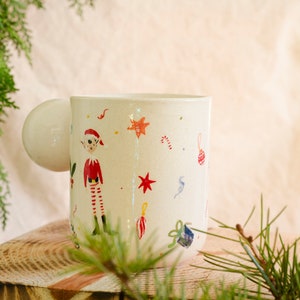 Christmas Elf, Lights, Santa Ceramic Mugs, Handmade Pottery Cups, Hot Chocolate, Coffee Mug, Illustration Coffee Mugs, Gift Idea image 5