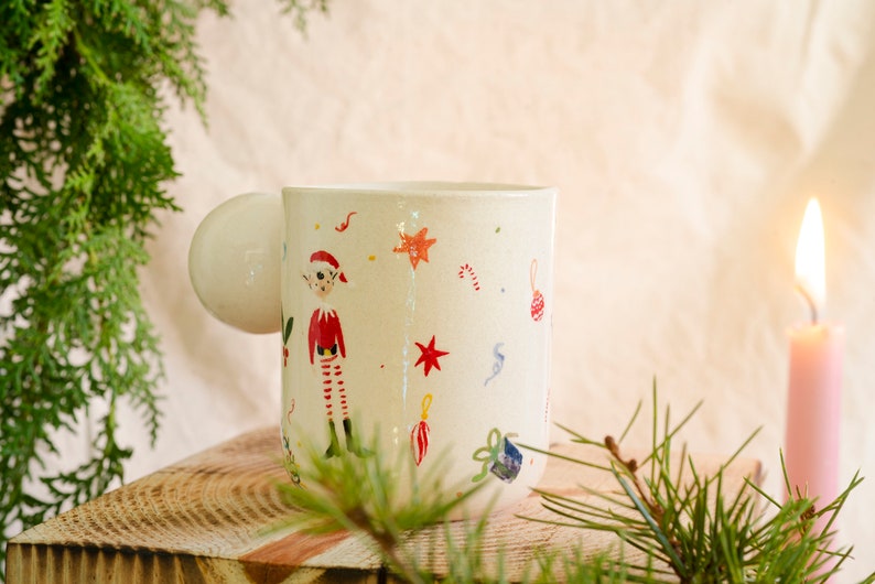 Christmas Elf, Lights, Santa Ceramic Mugs, Handmade Pottery Cups, Hot Chocolate, Coffee Mug, Illustration Coffee Mugs, Gift Idea image 5