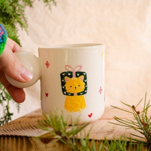 Christmas Cats Ceramic Mugs, Cat Handmade Pottery Cups, Christmas Coffee Mug, Illustration Xmas Coffee Mugs, Cat Christmas Gift Idea image 2
