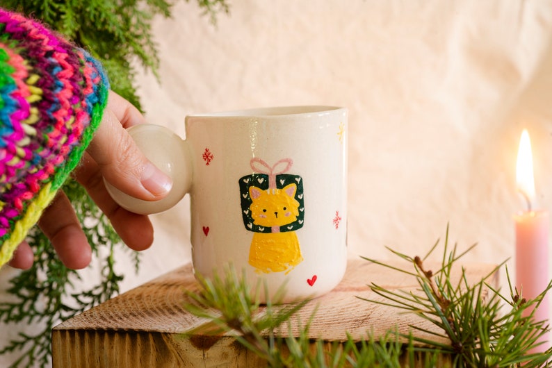 Christmas Cats Ceramic Mugs, Cat Handmade Pottery Cups, Christmas Coffee Mug, Illustration Xmas Coffee Mugs, Cat Christmas Gift Idea image 2