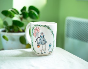 Tasse en céramique de fille et de canard, tasse à café d’illustration créative, cadeau de thé de pendaison de crémaillère, céramique de conception peinte à la main, idée de cadeau