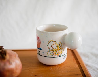 Boîte cadeau de Noël, dinde, gâteau et mugs en céramique lumineux, tasses faites main, tasse à café, illustration de tasses à café de Noël, idée cadeau Noël