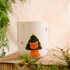 Christmas Cats Ceramic Mugs, Cat Handmade Pottery Cups, Christmas Coffee Mug, Illustration Xmas Coffee Mugs, Cat Christmas Gift Idea image 5