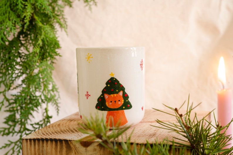 Christmas Cats Ceramic Mugs, Cat Handmade Pottery Cups, Christmas Coffee Mug, Illustration Xmas Coffee Mugs, Cat Christmas Gift Idea image 5