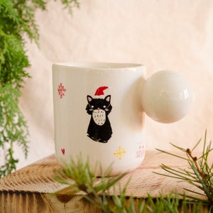 Christmas Cats Ceramic Mugs, Cat Handmade Pottery Cups, Christmas Coffee Mug, Illustration Xmas Coffee Mugs, Cat Christmas Gift Idea image 3