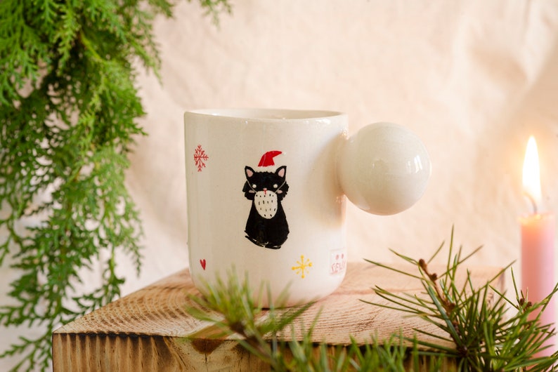 Christmas Cats Ceramic Mugs, Cat Handmade Pottery Cups, Christmas Coffee Mug, Illustration Xmas Coffee Mugs, Cat Christmas Gift Idea image 3