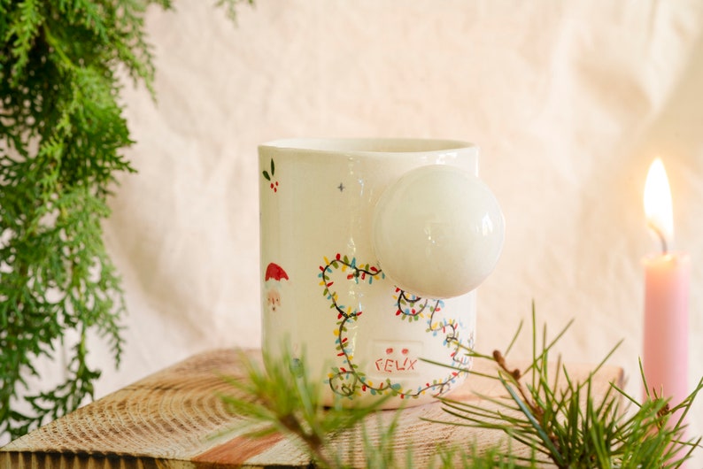 Christmas Elf, Lights, Santa Ceramic Mugs, Handmade Pottery Cups, Hot Chocolate, Coffee Mug, Illustration Coffee Mugs, Gift Idea image 2