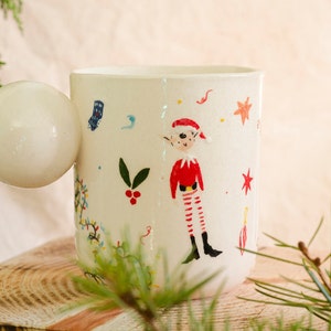 Christmas Elf, Lights, Santa Ceramic Mugs, Handmade Pottery Cups, Hot Chocolate, Coffee Mug, Illustration Coffee Mugs, Gift Idea image 1