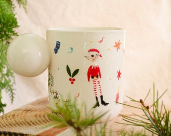 Lutin de Noël, Lumières, Mugs Père Noël en céramique, Tasses en poterie faites main, Chocolat chaud, Mug à café, Illustrations de tasses à café, Idée cadeau