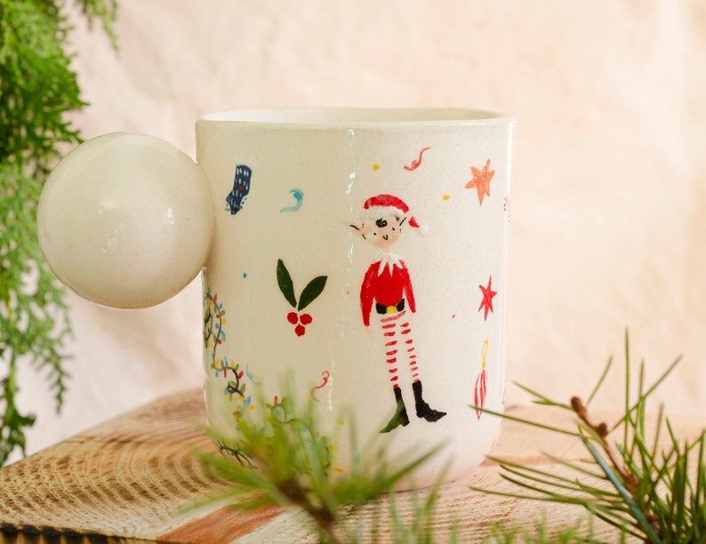 Christmas Elf, Lights, Santa Ceramic Mugs, Handmade Pottery Cups, Hot Chocolate, Coffee Mug, Illustration Coffee Mugs, Gift Idea image 1