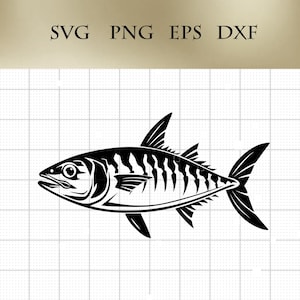 May include: Black and white silhouette of a mackerel fish with a detailed design of scales and fins.