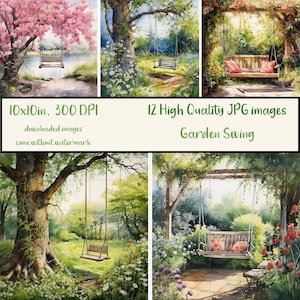 Garden Swing, Bundle of 12 JPG Images, Watercolor Tree Swing Scene, Flowers, Blossom, Journaling, Scrapbooking, Digital Download