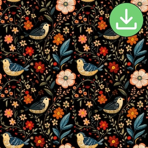 Dark Folk Art Bird Seamless Pattern, Dark Floral Birds Repeat Pattern Tile, Black Background, Printable, Digital Paper, Digital Download