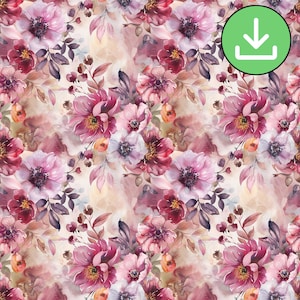 Watercolor Fall Maroon Flowers Seamless Pattern, Autumn Floral Repeat Pattern, Fabric Pattern, Wallpaper Design, Paper, Digital Download