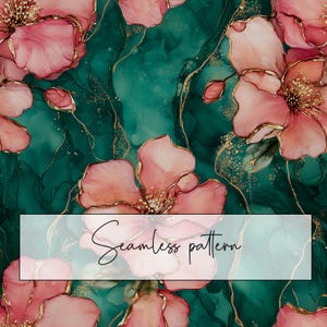 May include: Seamless pattern featuring pink watercolor flowers with gold accents against a teal background. The flowers have detailed petals and golden centers. The words "Seamless pattern" are written across the image.