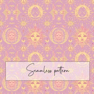Pink Celestial Seamless Pattern, Pink Yellow Mystic Doodle Repeat Pattern, Sublimation, Junk Journal, Digital Paper, Digital Download