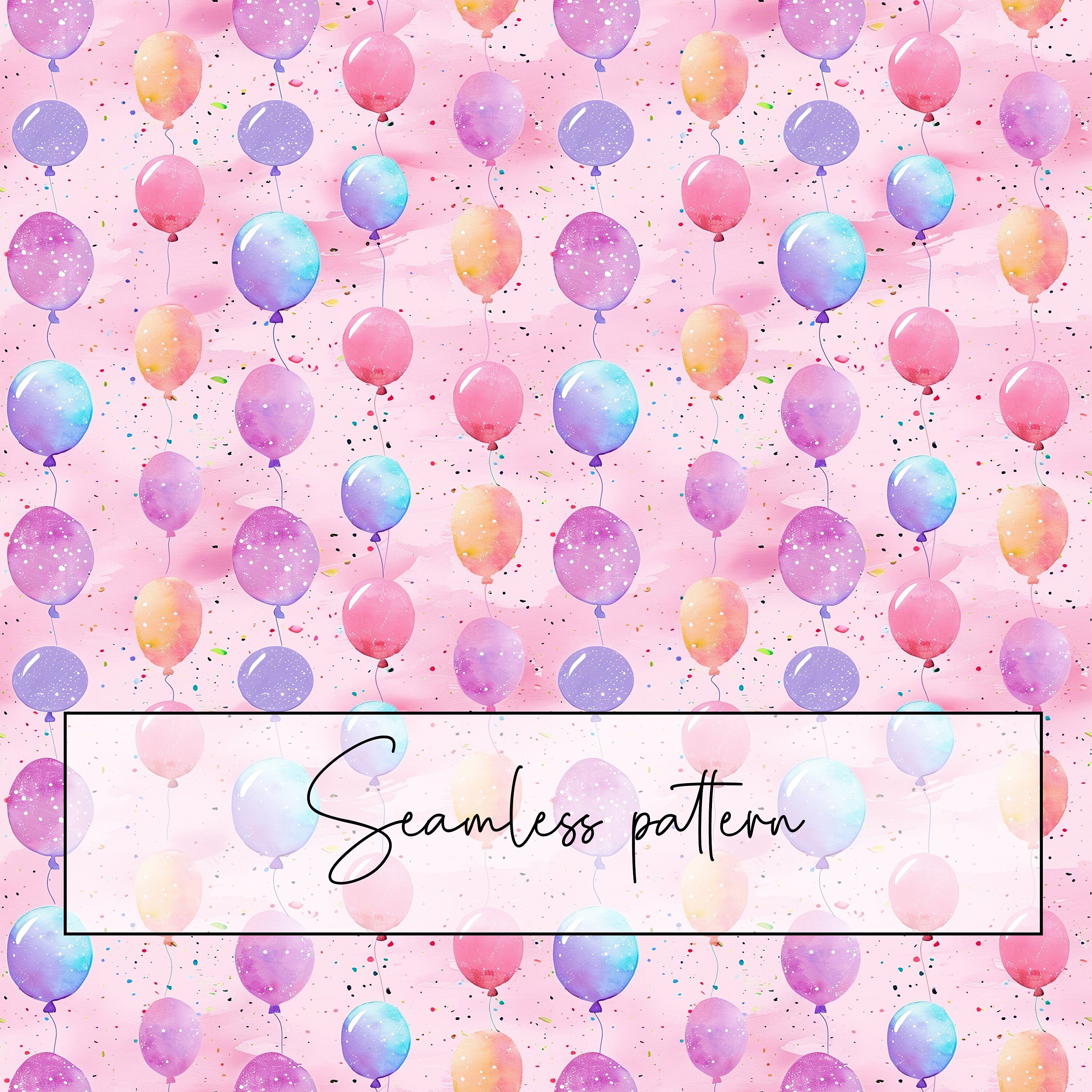 Watercolor Birthday Balloons Pink Seamless Pattern, Confetti Cute Repeat Pattern, Fabric Pattern, Wallpaper Design, Paper, Digital Download
