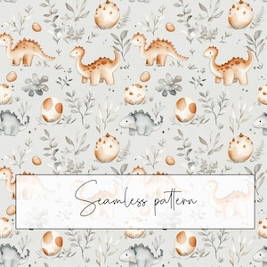 May include: A seamless pattern featuring watercolour illustrations of dinosaurs, eggs, and foliage. The dinosaurs are in shades of brown and grey, and the eggs are a light brown. The foliage is a mix of green and grey.