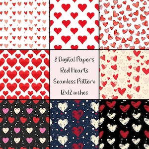 May include: Eight digital papers featuring red heart seamless patterns. The patterns include red hearts on white, red hearts on cream, red hearts on black, red hearts on blue, red hearts with pink polka dots on black, red hearts with white polka dots on blue, red hearts with white polka dots on cream, and red hearts with black polka dots on white. Each pattern is 12x12 inches.