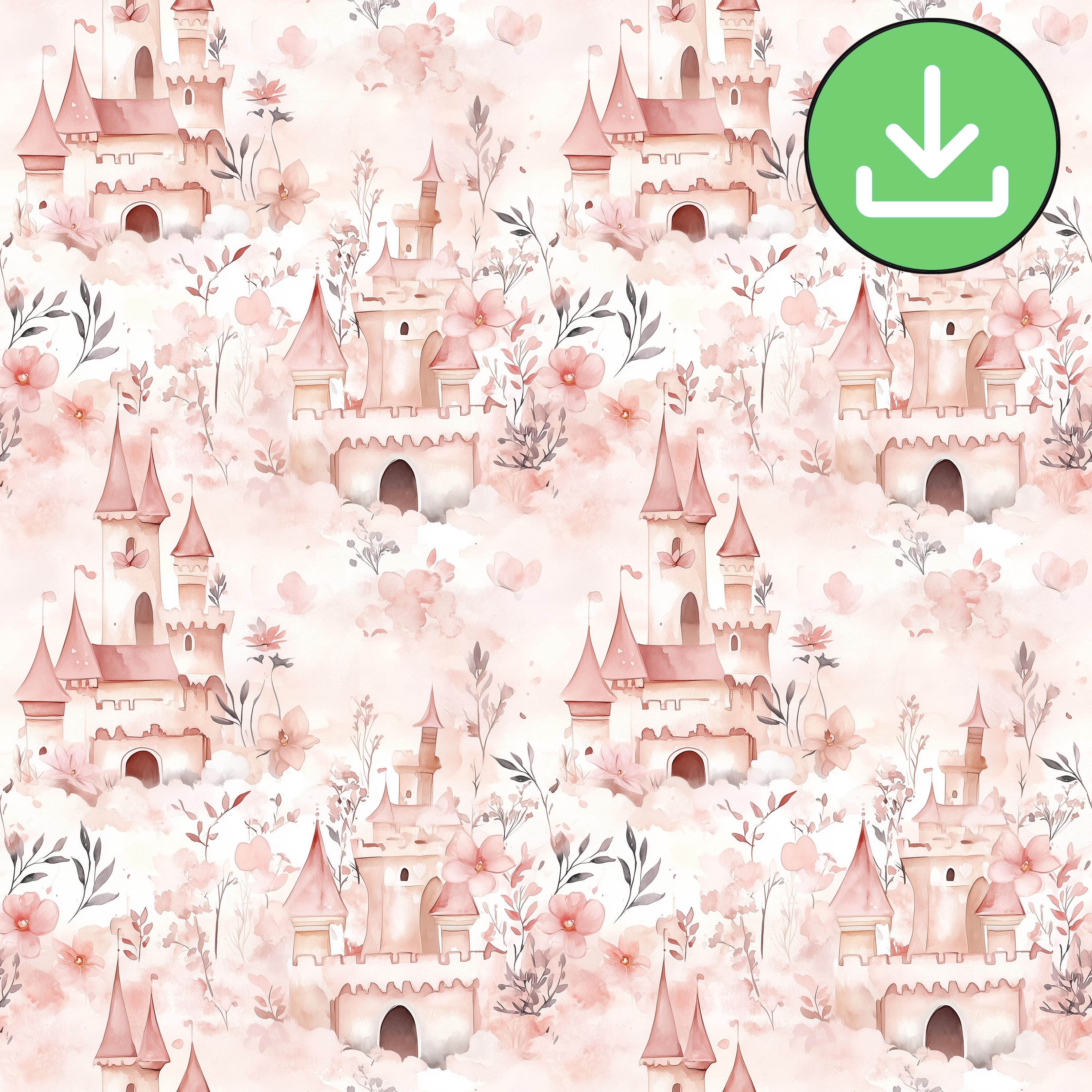 Blush Pink Floral Princess Castle Seamless Pattern, Watercolor ...