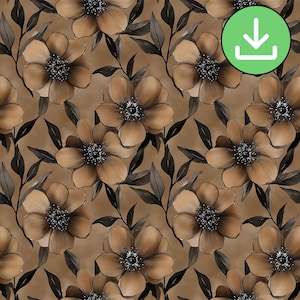 Motif floral sans couture marron, carrelage à motif floral répété marron foncé et noir, couleurs chaudes et neutres, imprimable (téléchargement numérique)