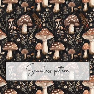 Whimsical Dark Mushroom Seamless Pattern, Brown Mushroom Black Background Repeat Pattern Tile, Forest Foliage, Printable, Digital Download