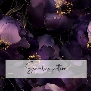 Alcohol Ink Dunkelviolett Blumen Musterdesign, Gold Schwarz Violett Blumenmuster, druckbare Karte, digitales Papier, digitaler Download