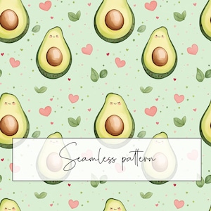 Può includere: Uno schema senza cuciture con illustrazioni carine di avocado con facce sorridenti, circondate da cuori rosa e foglie verdi su uno sfondo verde chiaro.