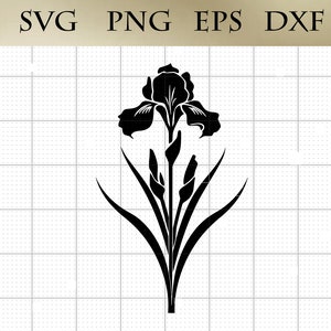 May include: Black silhouette of an iris flower with three petals and leaves. The flower is in bloom with a bud on the stem.