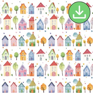 Bunte Haus Reihe nahtlose Muster, Aquarell mehrfarbige niedliche Häuser und Bäume Rapportmuster, Scandi, printable, digitaler Download