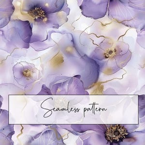 May include: Seamless pattern featuring abstract watercolor flowers in shades of purple and gold. The flowers are overlapping and have a soft, ethereal look.