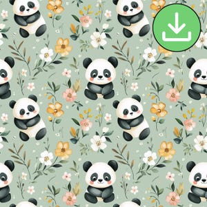 Modèle sans couture de panda mignon, adorable panda kawaii avec des fleurs sur fond vert, carreau de répétition, carte imprimable papier numérique, téléchargement numérique