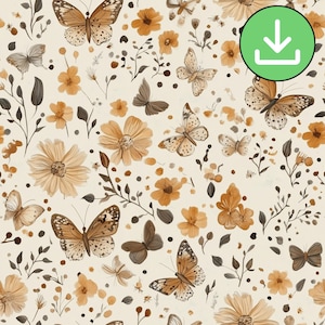 Watercolor Fall Autumn Butterfly Seamless Pattern With Flowers, Boho Autumnal Rust Brown Dried Flowers Repeat Pattern Tile, Digital Download