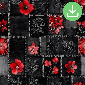 Black Denim Patchwork Seamless Pattern, Dark Red Flowers Patchwork Repeat Tile, Scrapbooking, Junk Journal, Digital Paper, Digital Download
