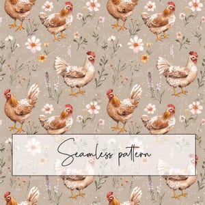 Patrón sin costuras de gallinas con flores, patrón repetido de gallinas florales de granja, tarjeta imprimible, sublimación, papel digital, descarga digital