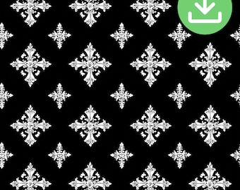 Black And White Gothic Cross Seamless Pattern, Repeat Pattern, Fabric Textile Design, Wallpaper, Digital Paper, Journaling, Digital Download