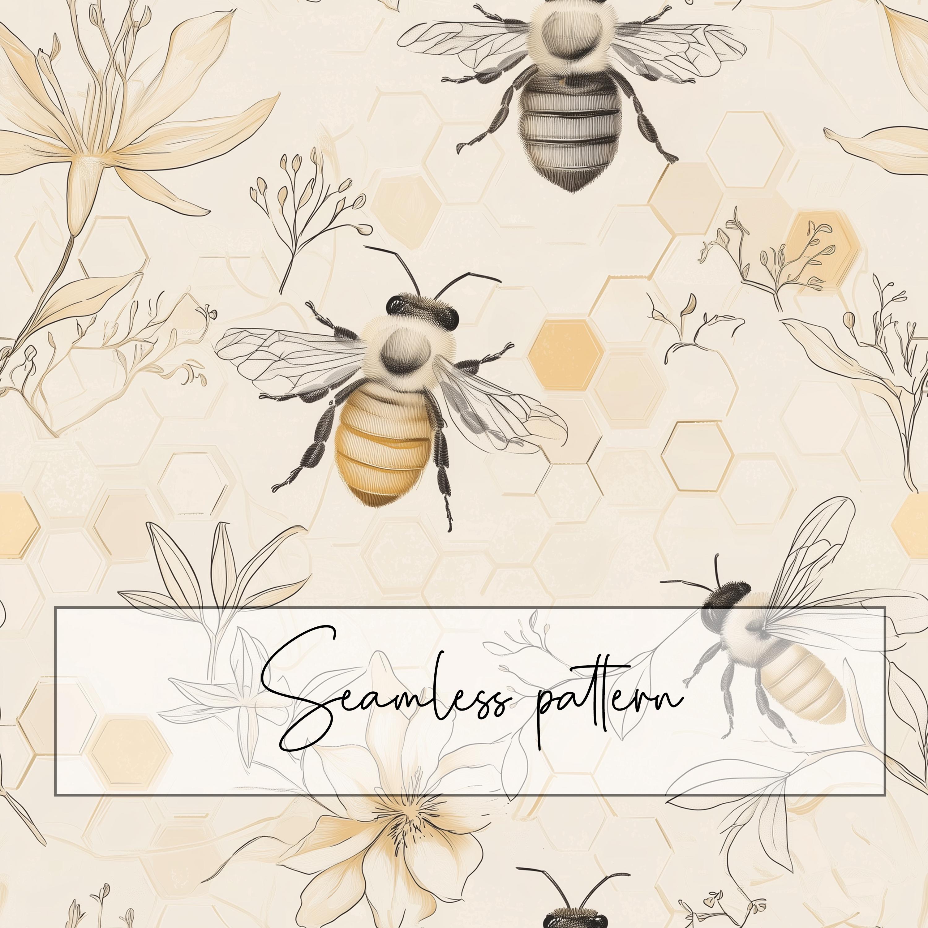 Bee Honeycomb Seamless Pattern, Beige Floral Bee Repeat Pattern ...