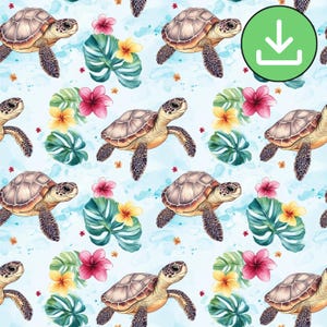 水彩トロピカルタートルシームレスパターン、繰り返しパターン、夏のビーチ、花柄の海をテーマにしたデザイン、航海、デジタルペーパー、デジタルダウンロード