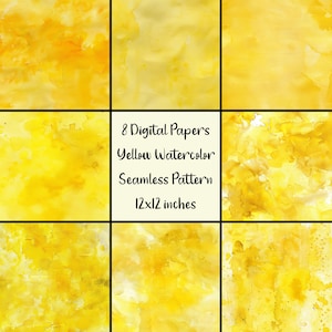 Könnte beinhalten: Acht digitale Papiere mit nahtlosen Mustern in gelber Aquarellfarbe. Jedes Muster ist 12x12 Zoll groß.