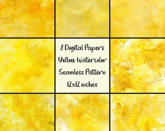 Yellow Watercolor Digital Paper Bundle, Repeat Pattern, Seamless Background Texture, Junk Journal Scrapbooking, Paper Pack, Digital Download