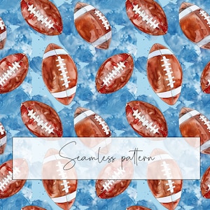 Può includere: Uno schema senza cuciture con illustrazioni ad acquerello di palloni da football marroni su uno sfondo blu con dettagli di cucitura bianchi.