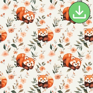 Watercolor Floral Red Panda Seamless Tile, Repeat Pattern, Flowers, Digital Download