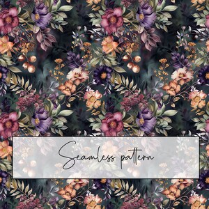 May include: Seamless pattern featuring a floral design with purple, pink, and orange flowers on a dark green background. The pattern is ideal for fabric, wallpaper, or other decorative projects.