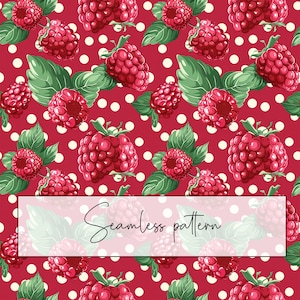 May include: A seamless pattern featuring red raspberries with green leaves on a red background with white polka dots. The text "Seamless pattern" is written in white on a pink rectangle.