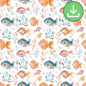 Söt fisk sömlöst mönster, blått och orange fisk upprepat mönster, utskrivbart kort, sublimering, digital nedladdning