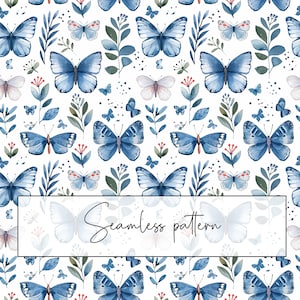 Farfalle blu acquerello con motivo senza cuciture di fiori, motivo ripetuto di farfalle stravaganti blu bianche, tessuto tessile, download digitale