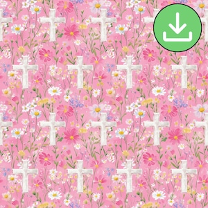 Croix chrétienne florale aquarelle transparente, carreau à motif répétitif, fleurs printanières roses, papier numérique, tenue de journal, téléchargement numérique