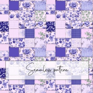 Purple Floral Patchwork Seamless Pattern, Lilac Distressed Shabby Chic Flowers Repeat Pattern, Junk Journal, Digital Paper, Digital Download